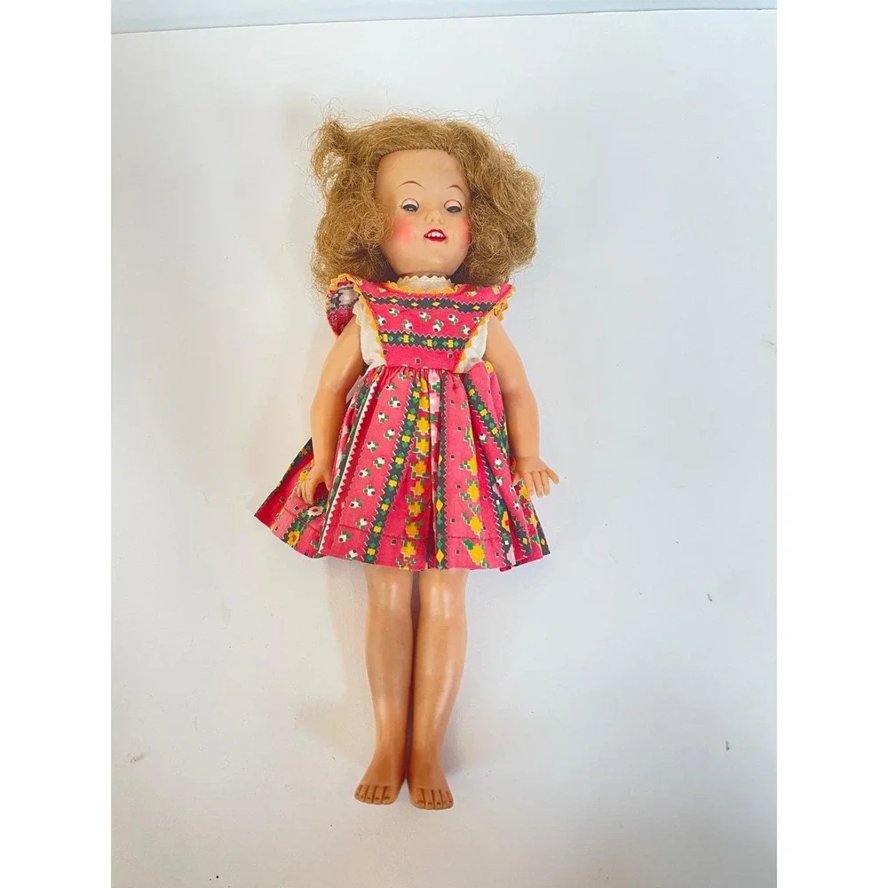 Vintage 1950's Shirley Temple Hard Plastic Sleep Eye Doll Pink Patterned Dress